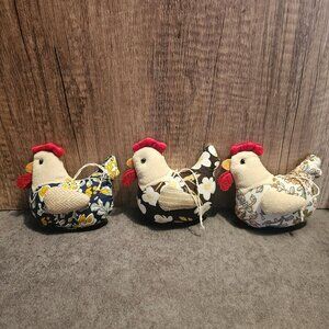 3 Fabric Chicken Ornaments Multicolor Floral Patterns Rustic Farmhouse Style